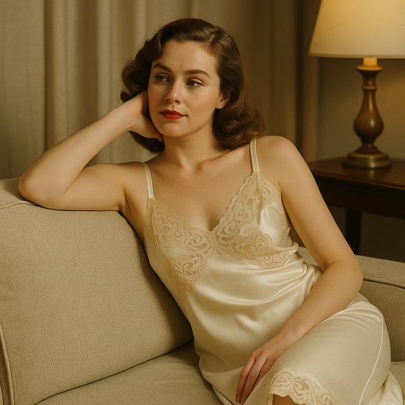 Vintage Slip Dress Vanity Fair Size 36 Cream White Lacey Silky Delicate Vneck - Picture 1 of 9